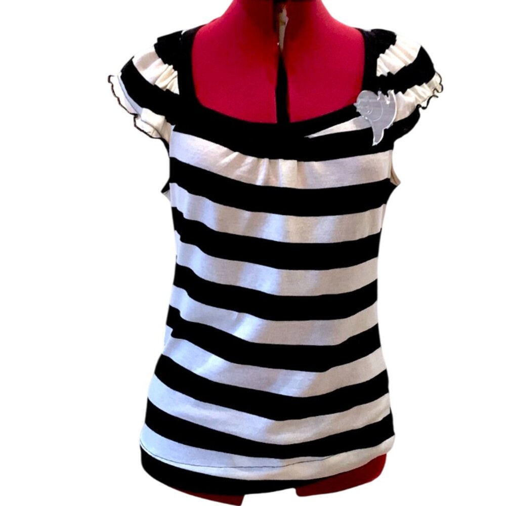 ZARA - B&W striped top short ruffle sleeves & Little mirror bird brooch - Medium